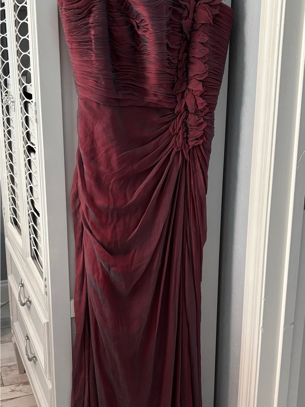 Tadashi Shoji Burgundy Ruched One-Shoulder Gown